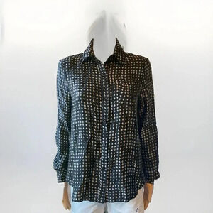 Rebecca Minkoff Womens Black Tan Abstract Silk Long Sleeve Button-Up Shirt Sz 2